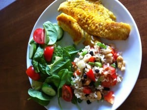 Turmeric fish with brown rice salad and green salad