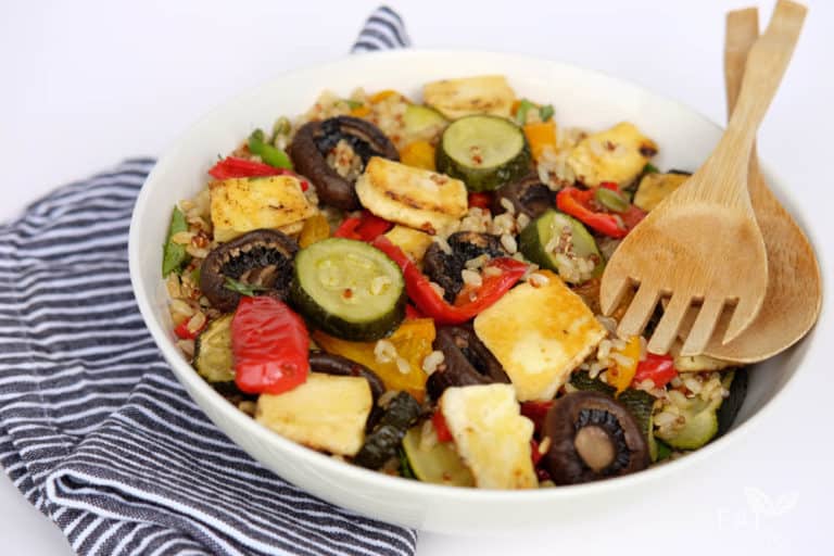 Rice and quinoa salad with halloumi and summer roast vegetables Eat Well NZ