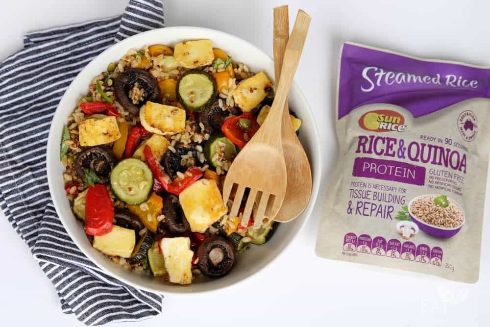Rice and quinoa salad with halloumi and summer roast vegetables Eat Well NZ